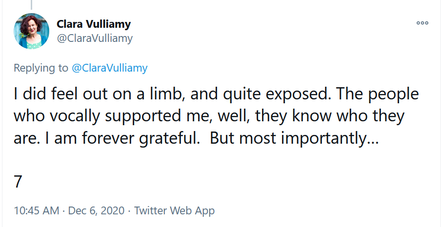 20) And yet, of course, somehow Vulliamy's the victim here, and felt "out on a limb, and quite exposed". Poor thing. All this just for trying to destroy a fellow author's reputation, livelihood and career.