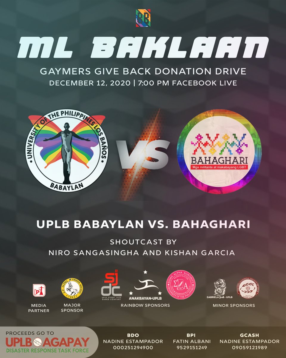 uplbbabaylan's tweet photo. WARLAHAN NA ITIZ! 🎮🏆⚔️📱💥🤲💰

UPLB Babaylan vs @Bahaghari_PH 

ML Baklaan: Gaymers Give Back Donation Drive
December 12, 2020
7:00 PM
via UPLB Babaylan Facebook Live

Shoutcast by @nirosangasingha  and @pukindness 

#MLBaklaan2020
#UPLBAgapay
#TyphoonRelief
#UlyssesPH https://t.co/VTpBmaDA5y
