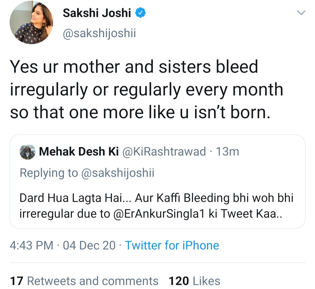 @TwitterIndia you can see the @sakshijoshii's respond on same twitt which she delited but you supended @KiRashtrawad  twitter handle?
Its bios.. please restore same handle.
@Twitter @TwitterSupport 

#महक_राष्ट्रवादी_का_हैंडल_वापस_दो