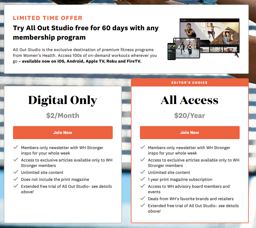 Let me give you an example. Women's Health is another mass-market magazine that is constantly price dumping. At the moment, their subscription price is just $20/year.
