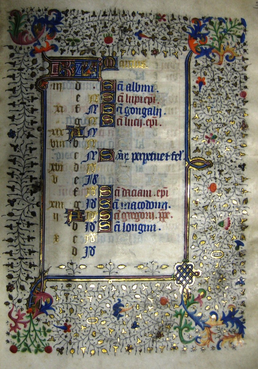 Typical of medieval Book of Hours, the manuscript begins with a Calendar of church feasts. The book was made in Rouen and the saints mentioned in the calendar are associated with the city -St Gilard, St Nicas, St Mellon, and St Roman.  #BookofHours