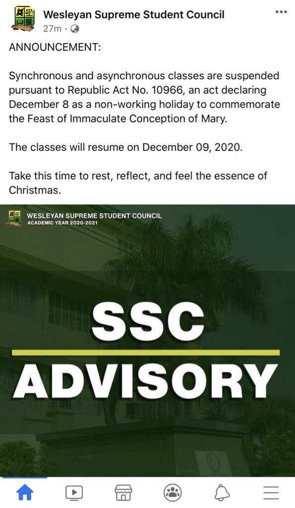 WUPFiles's tweet photo. ANNOUNCEMENT ‼️

Synchronous and asynchronous classes are suspended pursuant to Republic Act No. 10966, an act declaring December 8 as a non-working holiday to commemorate the Feast of Immaculate Conception of Mary. 

Classes will resume on December 09, 2020. https://t.co/4JddgLh4Bp