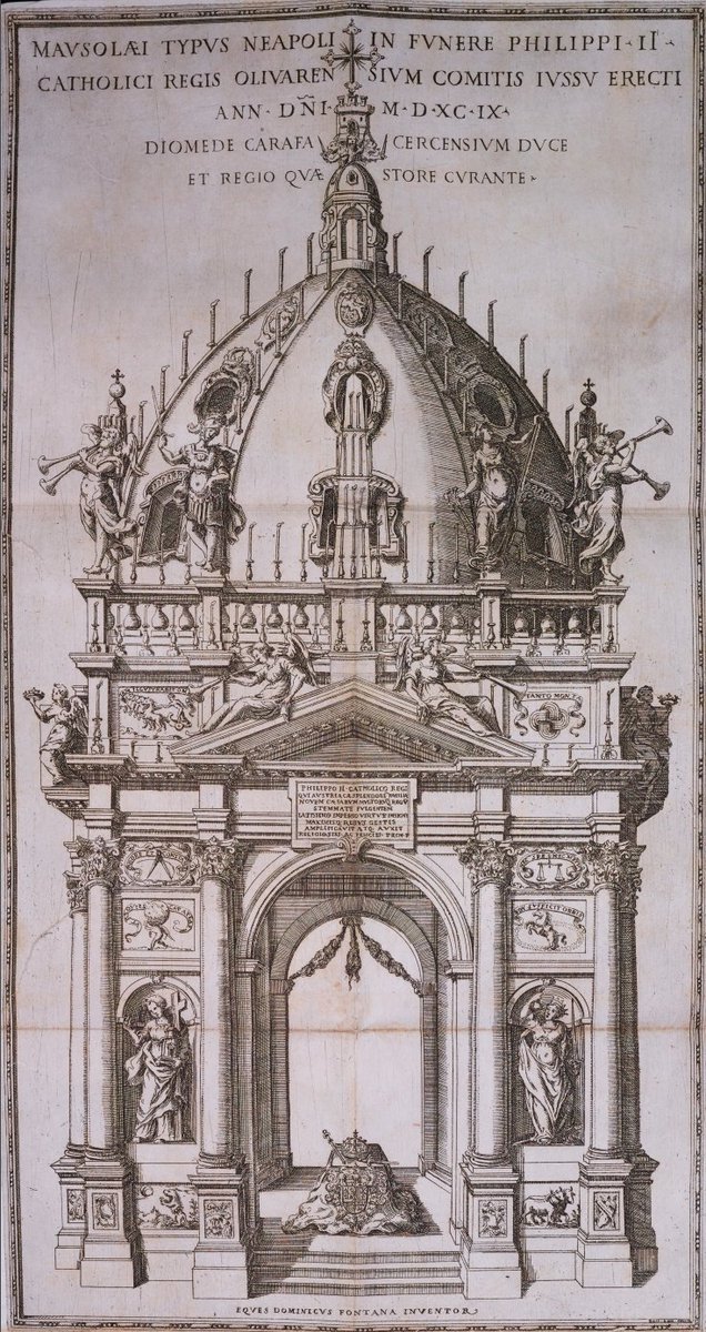 ¡Feliz día del  #OrgulloBarroco!I'm currently writing a chapter on exequies for Philip II, so this year's  #OrgulloBarroco thread will be…catafalques!Get ready for candles. And skeletons. Lots of candles & skeletons.Domenico Fontana (design), Naples catafalque for Philip II.