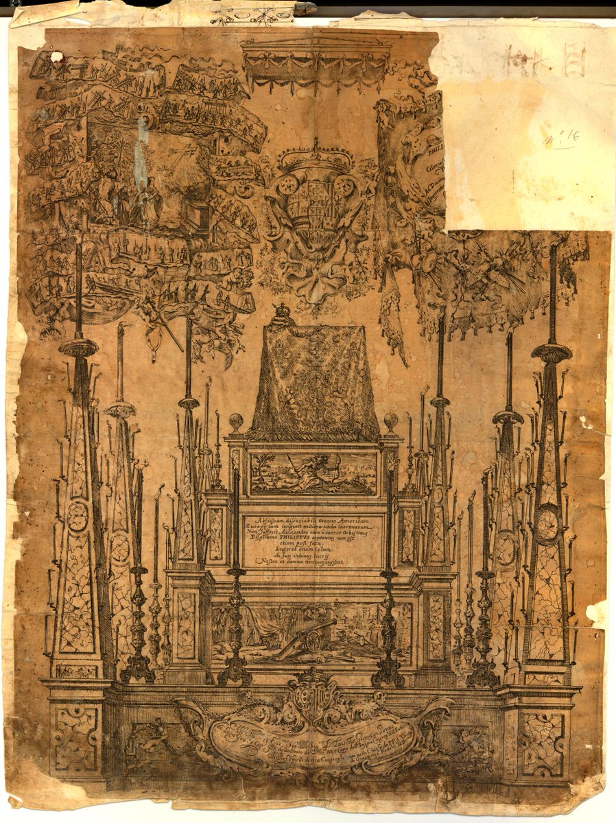 Anonymous print of the catafalque for Philip II in S. Fidele, Milan, ca. 1598,  @britishmuseum (OK, so the first two images for Philip II don't have skeletons, but just wait...) #OrgulloBarroco