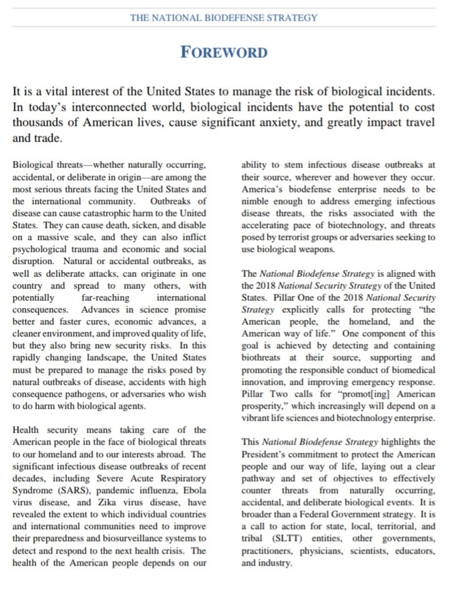 NATIONAL BIODEFENSE STRATEGY36 page pdfI have not had a chance to read yetLet me know if you find anything interesting https://fas.org/irp/threat/cbw/biodef-strat.pdf