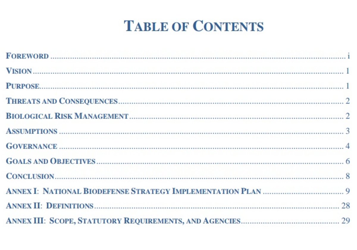 NATIONAL BIODEFENSE STRATEGY36 page pdfI have not had a chance to read yetLet me know if you find anything interesting https://fas.org/irp/threat/cbw/biodef-strat.pdf