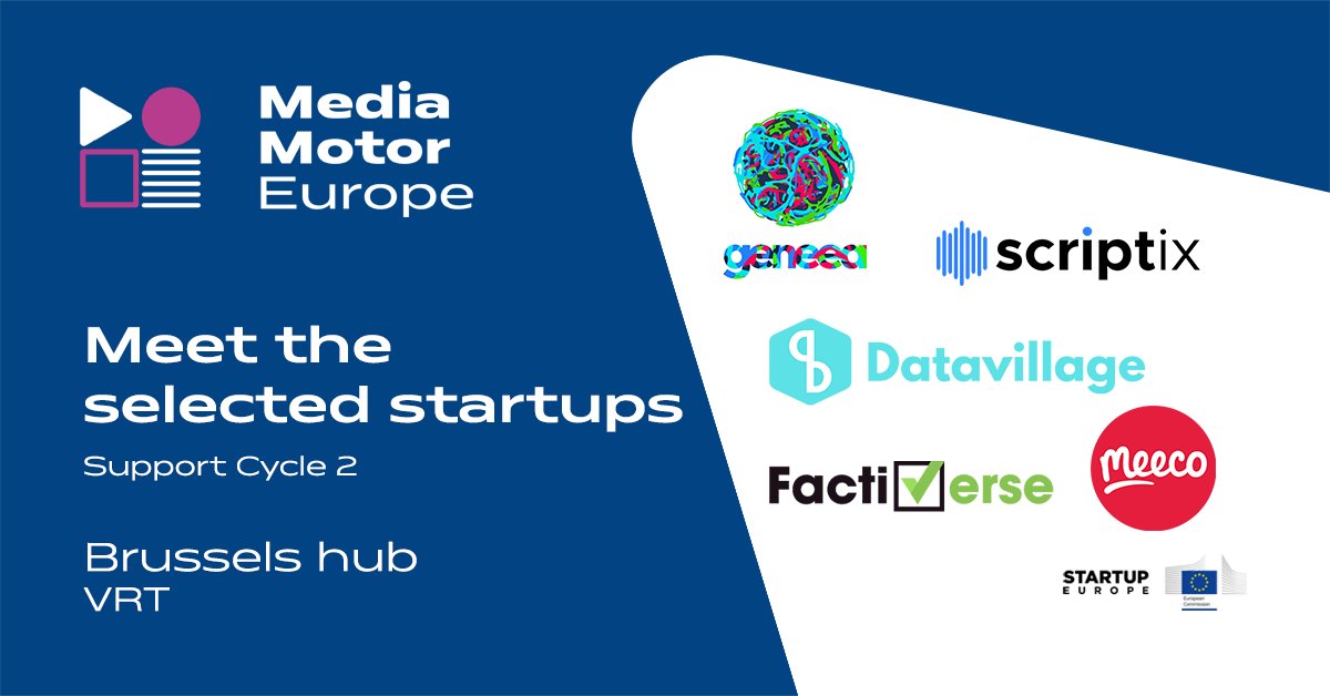 Congrats to the 21 startups selected to join #MME's 2nd support cycle! 👏 Here are the innovative companies that will join @VRTSandbox: <a href="/FactiverseAS/">Factiverse</a>, <a href="/meeco_me/">Meeco</a>, <a href="/GeneeaAnalytics/">Geneea</a>, @datavillageme &amp; #Scriptix 🎬

Get to know them and their solutions: mediamotoreurope.eu/startups/