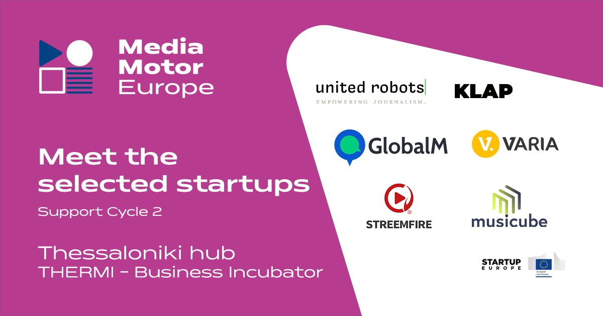 Congrats to the 21 startups selected to join #MME's 2nd support cycle! 👏 Here are the innovative companies that will join <a href="/thermilink/">THERMI LINK</a>: <a href="/variamediagroup/">Varia</a>, <a href="/musicube_tech/">musicube</a>, <a href="/GlobalMnews/">GlobalM</a>, <a href="/robots_united/">United Robots</a>, #Streemfire &amp; #KLAP 🎬

Get to know them: mediamotoreurope.eu/startups/