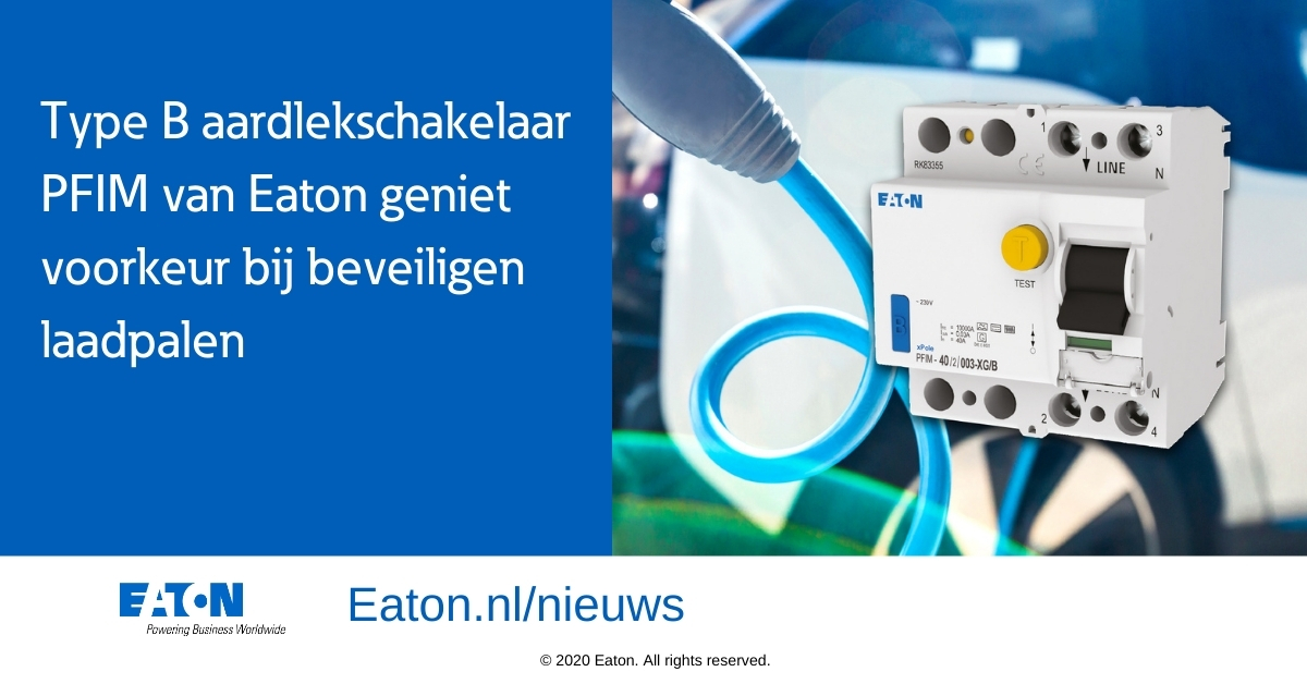 Type B-aardlekschakelaar PFIM van Eaton geniet voorkeur bij beveiligen laadpalen: voldoet aan hoogste veiligheidsnormen voor aardfoutstoombeveiliging en bereikt een hoge nauwkeurigheid. Meer info: eaton.works/36O4KCl