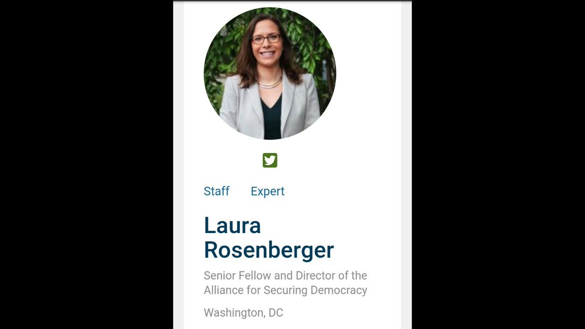 Laura Rosenberger is a senior fellow and director of the Alliance for Securing Democracy / German Marshall Fund...Prior to that she was foreign policy advisor for Hillary for America, she's also a term member of the CFR...