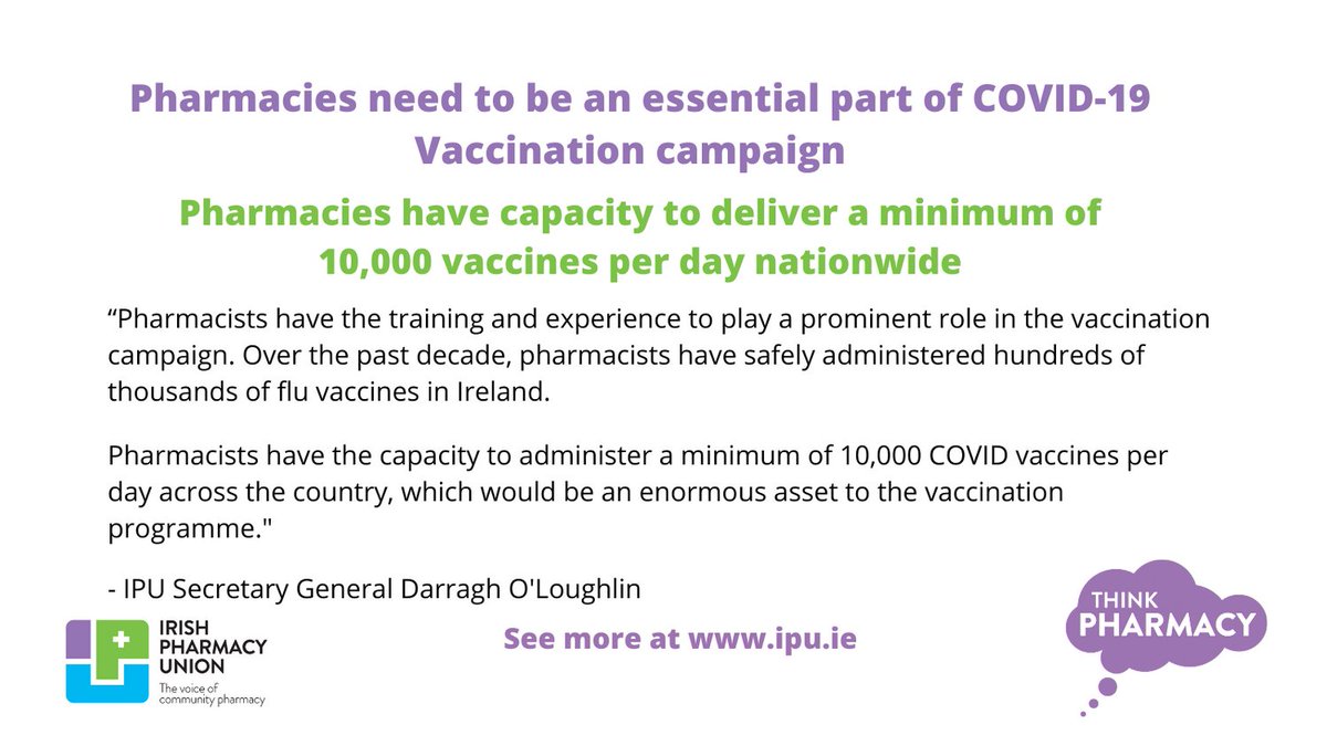IrishPharmacy's tweet photo. The extensive network of Irish community pharmacies must be utilised when rolling out the #Covid-19 #vaccination campaign.

Pharmacists can administer at least 10,000 COVID vaccines per day - an enormous asset to the Covid-19 vaccination programme

#ThinkPharmacy https://t.co/E3LpQ0u2kT