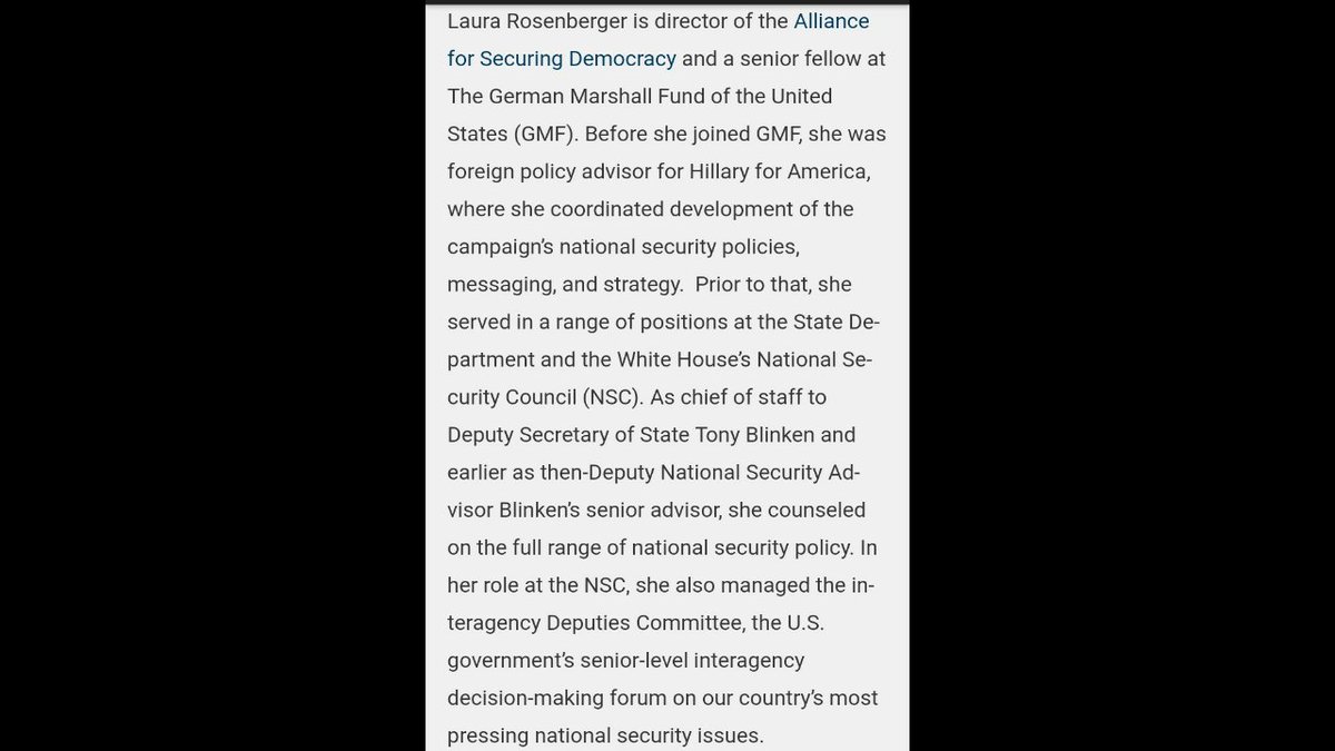 Laura Rosenberger is a senior fellow and director of the Alliance for Securing Democracy / German Marshall Fund...Prior to that she was foreign policy advisor for Hillary for America, she's also a term member of the CFR...