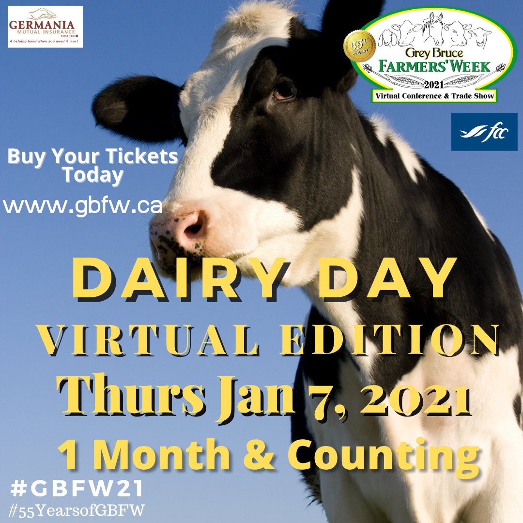 1 month from today- 55th Annual #GBFW21 #Dairy Day - Virtual Edition. Fantastic speakers &amp; panel about the future of the Cdn dairy industry.  Tell your friends around the world! Hurry, buy tickets today at gbfw.ca
#ontag #AgEvent #GBFWGoesVirtual #CdnAg #farming
