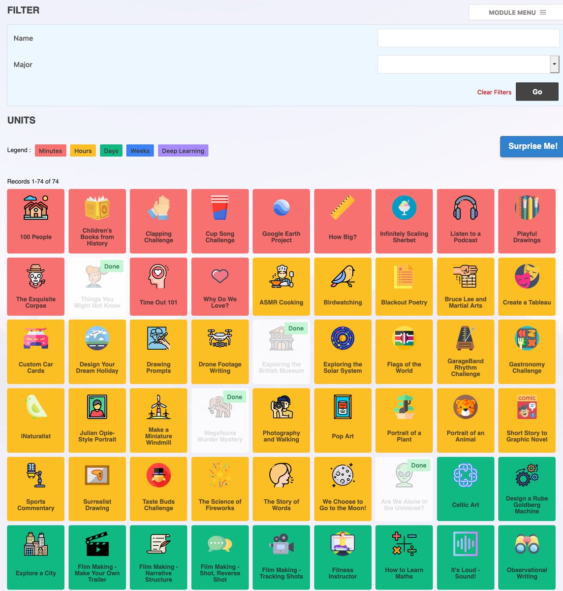 #FlexibleLearning, designed at <a href="/ICHK_edu/">ICHK</a> during Covid, is now available as a <a href="/gibbonedu/">Gibbon</a> module. It offers students an attractive grid of fun units that they can complete at any time, in any order. Built by Harry Merrett and <a href="/SKuipersDesign/">Sandra Kuipers</a>. gibbonedu.org/extend/#flexib…