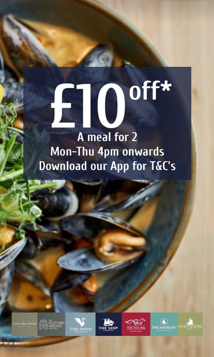 We’re offering £10 off a meal for two from 4pm Monday to Thursday inclusive. <a href="/TheMaybush_Ip12/">TheMaybush IP12</a> <a href="/TheFoxNewbourne/">The Fox Inn Newbourne</a> <a href="/TheButtOyster/">The Butt & Oyster</a> <a href="/DebenInns_Swan/">The Swan Westerfield</a> <a href="/coachandhorses9/">The Coach and Horses</a> <a href="/wilford_bridge/">Wilford bridge</a> #levingtonship