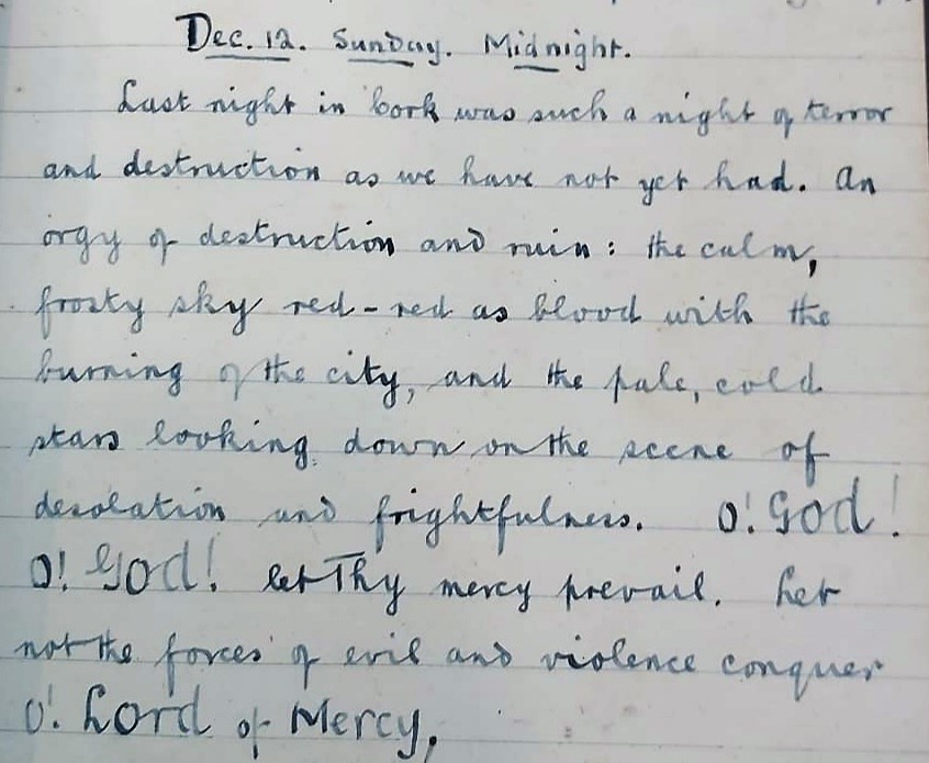 Entry in diary of Liam de Roiste, from  @corkarchives. Poland (2015) describes the  #BurningOfCork as 'the single greatest act of vandalism of the Irish War of Independence'.