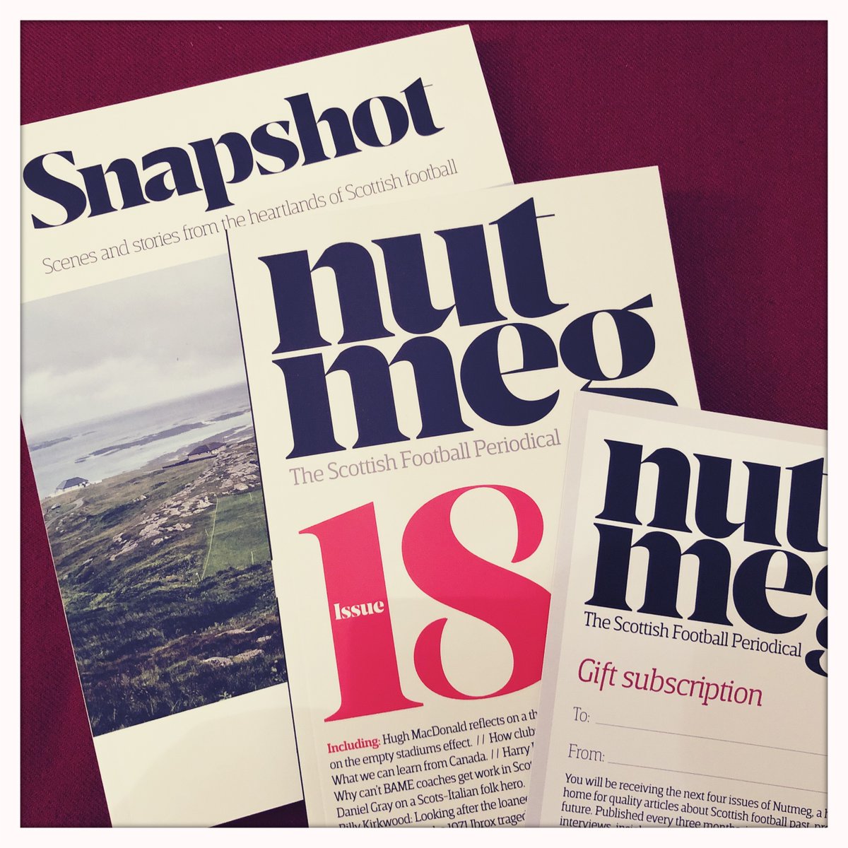 NutmegMagazine's tweet photo. Still struggling for a present for the Scottish football fan in your life? 
How about a signed copy of Snapshot, our love letter to the game.
PLUS all four 2021 editions of Nutmeg.
PLUS Issue 18 FREE to wrap along with a gift card 
https://t.co/RAvOGamgzm https://t.co/wPqY1FjOfQ