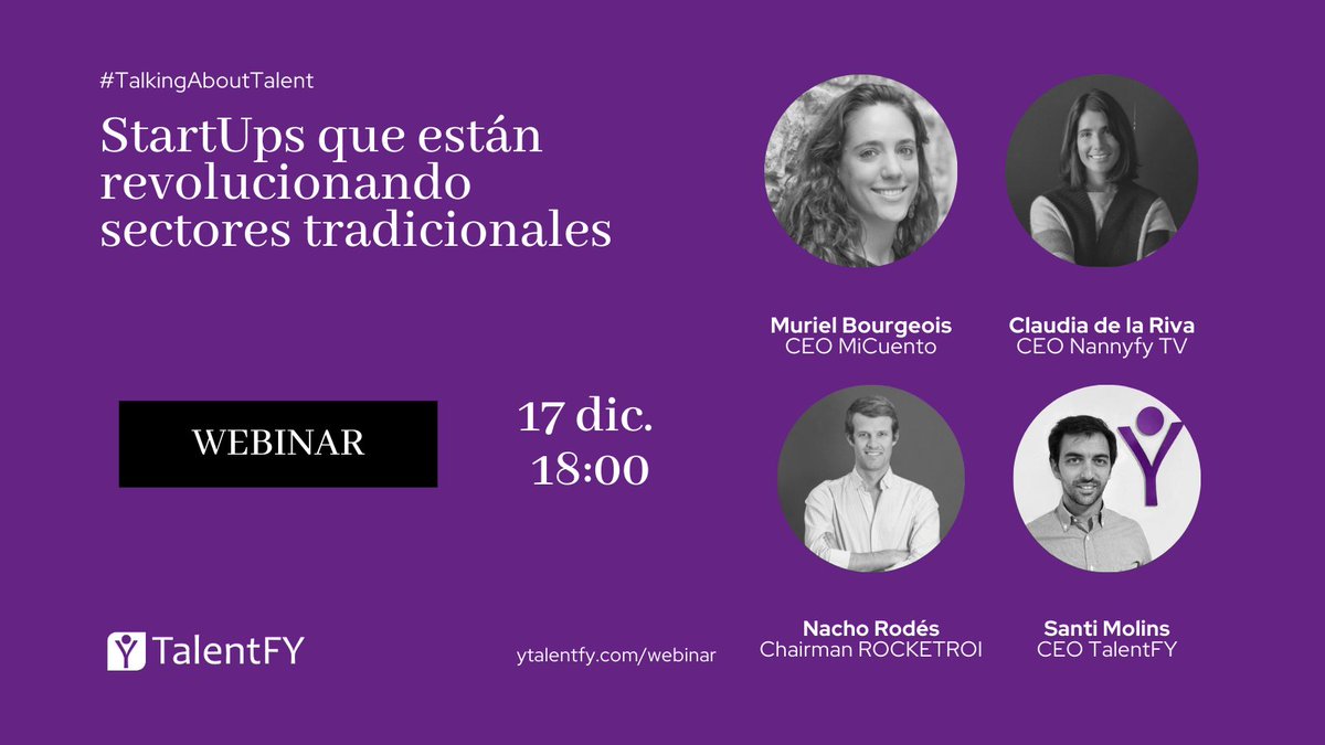 Ya tenemos preparado el #TalkingAboutTalent 3 🎉. Esta vez vamos a hablar de las #StartUps que están revolucionando sectores tradicionales.
¡No te lo pierdas! Los asientos son limitados, reserva tu plaza 👇
ytalentfy.com/webinar

#TalentFY #talentforyou