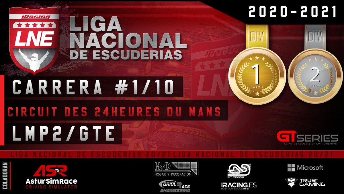 #iRacing 

¡¡¡ Arranca la #LNE de <a href="/Gtseri3s/">GTSeries</a> !!!

Circuito de <a href="/24hoursoflemans/">24 Hours of Le Mans</a> 

1ª (LMP2) y 2ª (GTE) División en pista

Horario:
21:45h en directo

Retransmisión oficial:
twitch.tv/gtseri3s

Estaré acompañado de @QuepimQuepam99 e <a href="/IbySpiuk/">Ivan Rodriguez</a> 

¡Te esperamos!

#simracing