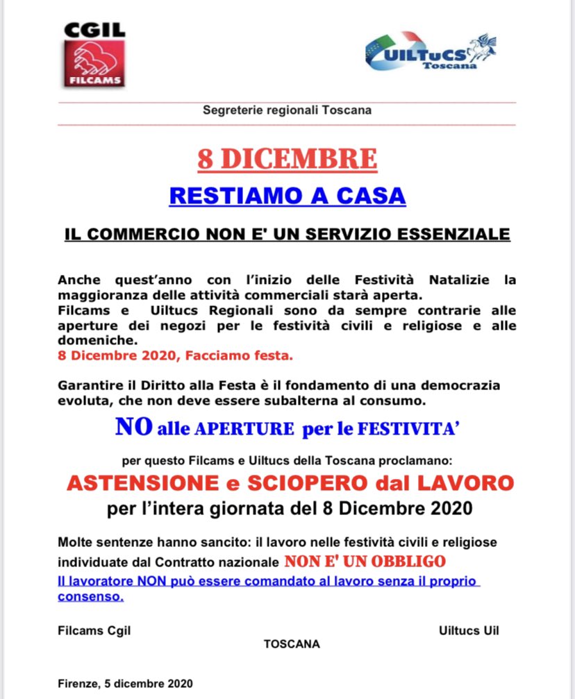 cgiltoscana's tweet photo. ⭕️ #8dicembre, Filcams Cgil Toscana e Uiltucs proclamano sciopero nel commercio 
👉 https://t.co/q1QKkOBwrD https://t.co/Hkl0QJZcMx