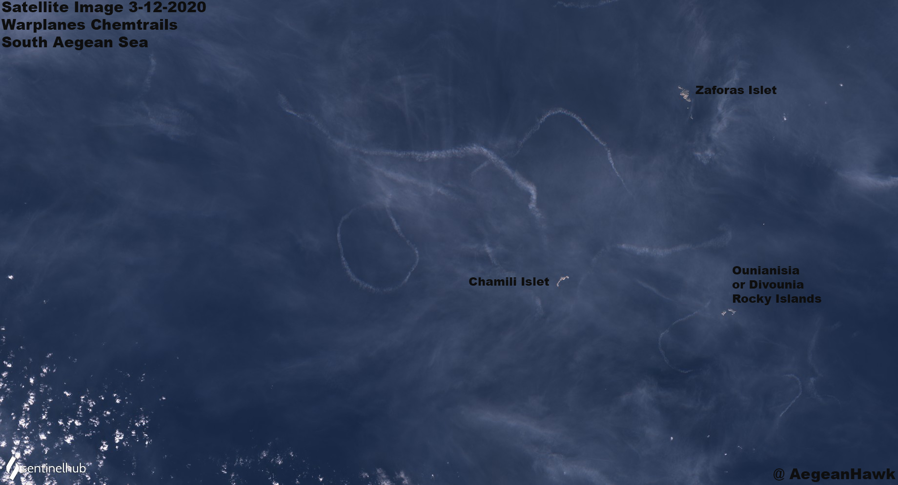 AegeanHawk on X: "Satellite Image 3-12-2020 south #Aegean Sea NE of #Crete  near and over #Greek islets with fighter aircrafts chemtrails performing  maneuvers and most likely #HellenicAirForce intercept #TurkishAirforce  violations of #Athens