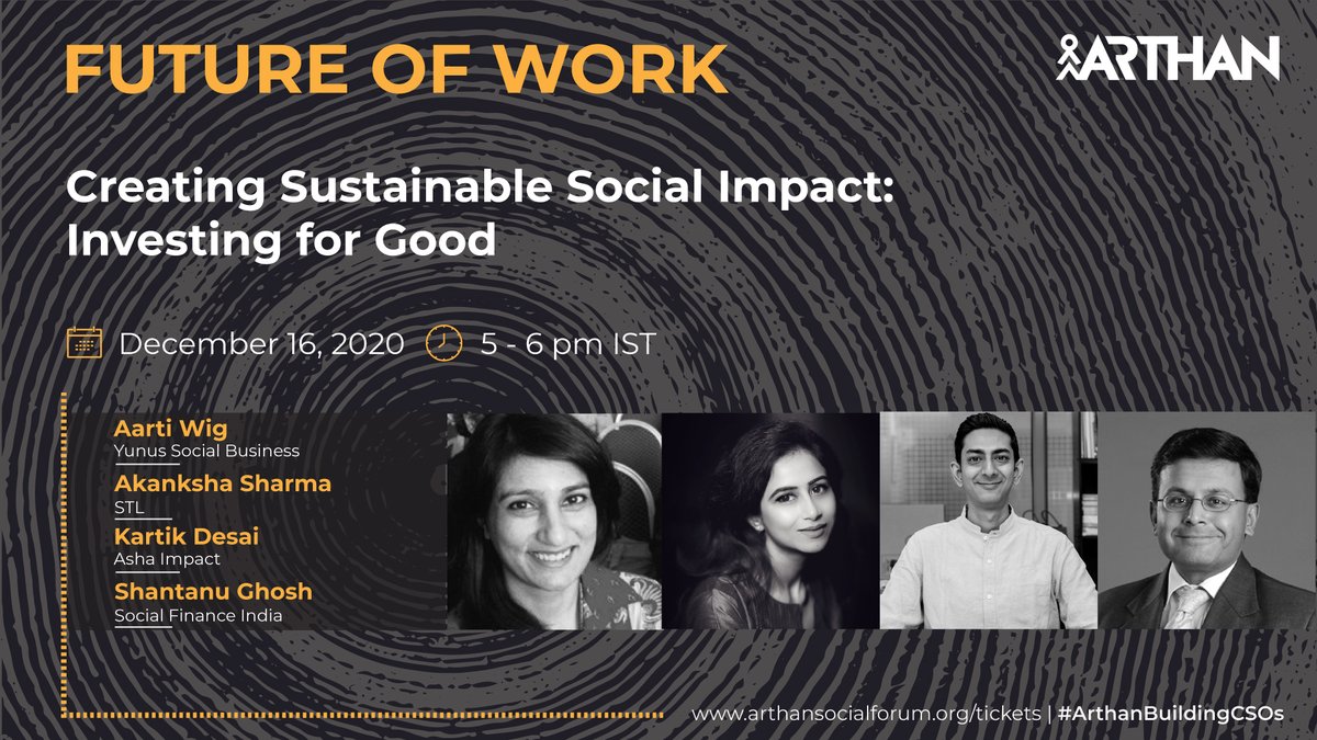 ArthanCareers's tweet photo. Corporate purpose, CSR & Impact Investing will have a key role to play in creating sustainable social impact. Learn from our expert panel at our Future of Work forum: https://t.co/OsZvnbgOwZ
December 16-18, 2020
#ArthanBuildingCSOs #ArthanSocialForum #FutureofWork https://t.co/QxsE4P07A2
