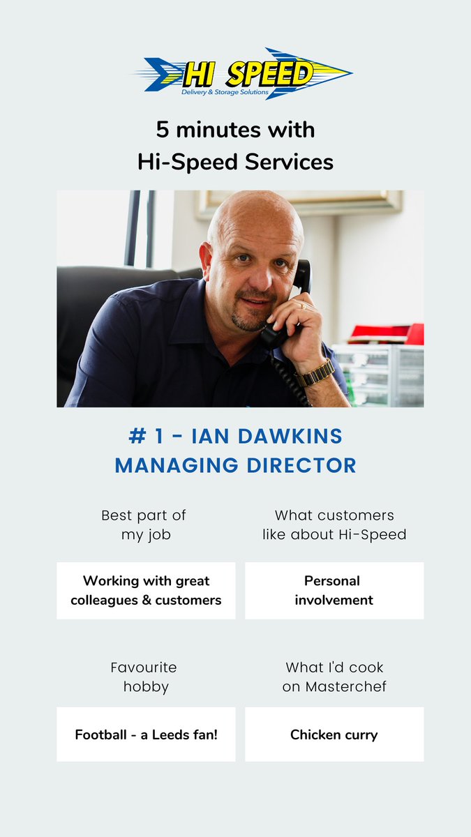 - 5 MINUTES WITH HISPEED SERVICES - 

At Hi-Speed, we pride ourselves on our personal approach. 

That's why we want you to get to know the team better than ever before.

First up? Ian Dawkins, Managing Director.. 

#gettingtoknowus #hispeed #openforyou