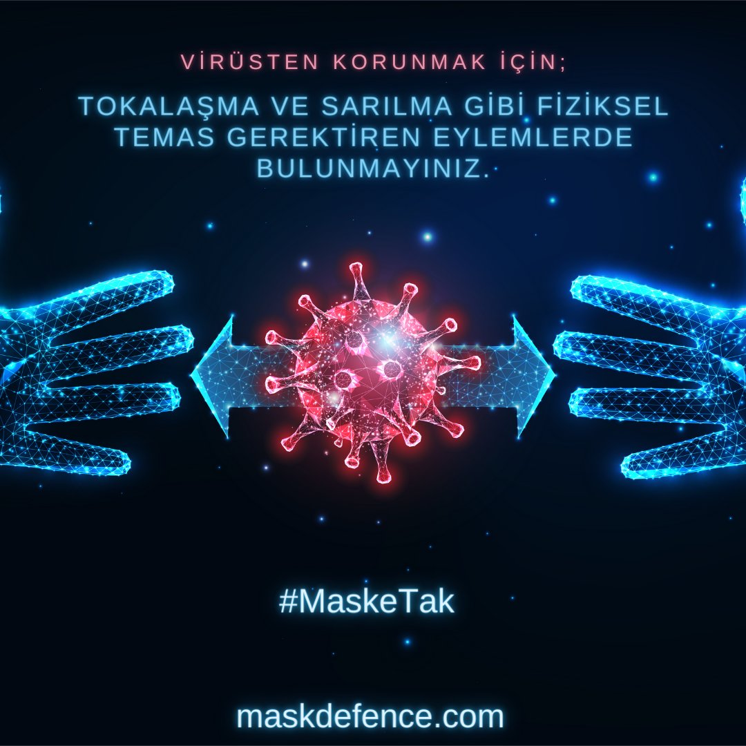 DefenceMask's tweet photo. Koronavirüsden korunmak için tokalaşma ve sarılma gibi fiziksel temas gerektiren eylemlerde bulunmayınız.
#MaskDefence #maske #masketak #koronavirüs https://t.co/PFrHEAGWLc