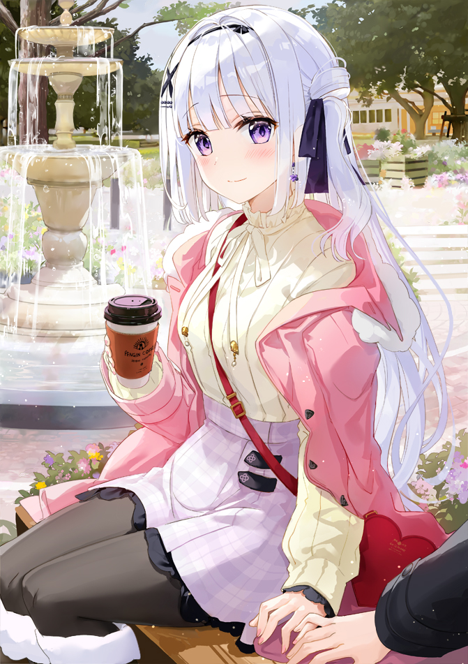 fountain 1girl pantyhose skirt cup outdoors purple eyes  illustration images