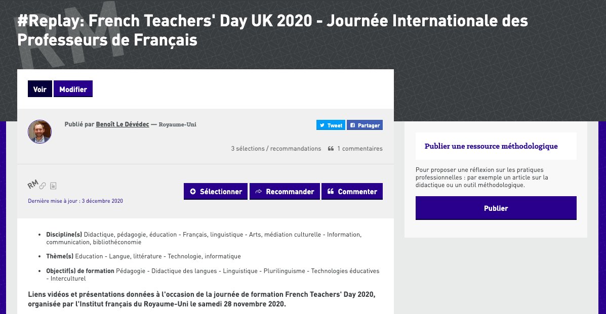 FrenchEdUK's tweet photo. Did you miss our French Teachers' Day 2020? Worry not, all the workshop videos 📺 and PDF presentations 🗒 are now available on @IFprofs UK ! 🙂
➡️ https://t.co/q3HjN1DaYb
@ifru_london @FipfOrg @TV5MONDEUK @ALL4language @ifparis #Replay #JIPF2020 #MFLtwitterati #FLE 🇫🇷 https://t.co/pfCoeQxWQ5