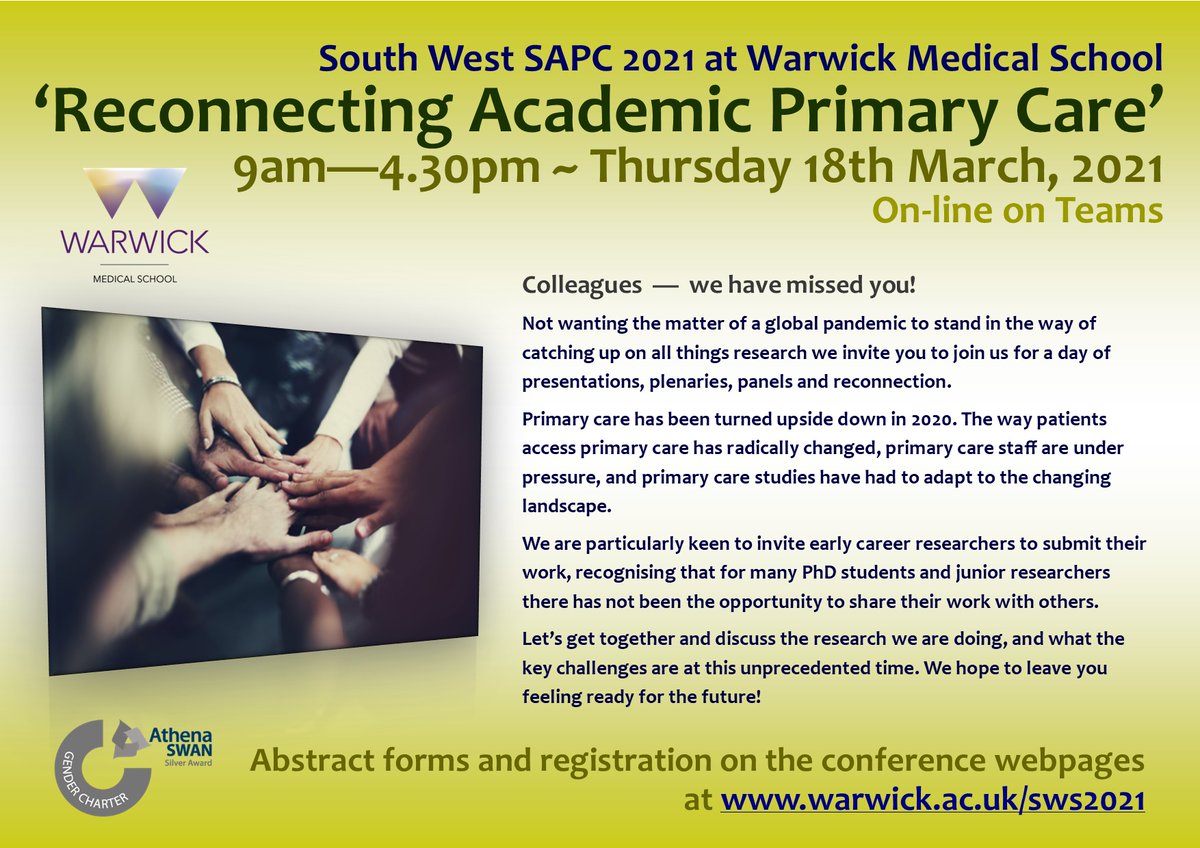Warwick Medical School are hosting SW SAPC 2021 on the 18th March 2021 - the conference will be 'on-line'! Call for abstracts is now open 🙂and registration will start early in January. Find out more here: warwick.ac.uk/sws2021 <a href="/UAPCWarwick/">Primary Care Warwick</a> 
<a href="/sapcacuk/">SAPC</a>
