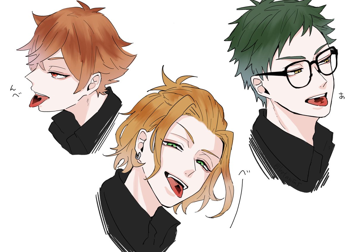 tongue tongue out multiple boys green hair male focus glasses piercing  illustration images