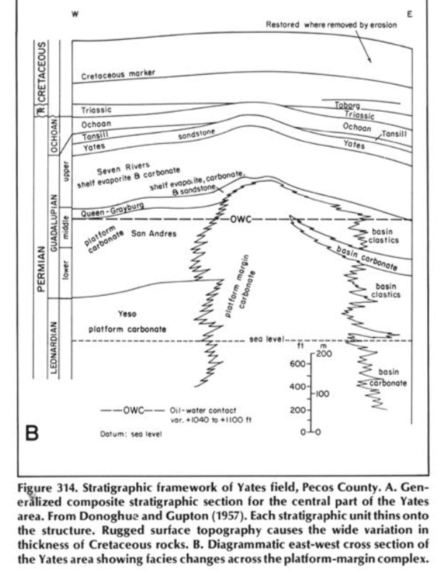 Yates Field is situated on SE edge of Central Basin Platform. Best reservoir is platform edge grainstone carbonate, perm enhanced by dissolution and dolomitization. Reservoir seal is a salt layer in the Seven Rivers Formation; typically fields this shallow leak to surface.