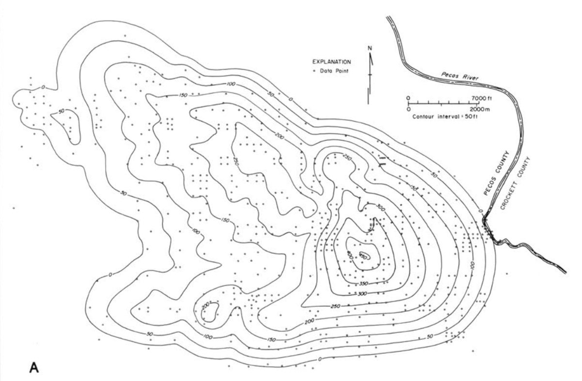 Structure is gentle anticline, with 450' oil column at crest. In-place volume is 3.5+ Bbbl. Currently developed by waterflood, CO2 injection and horizontal drilling. Isopach map of San Andres + Grayburg above OWC. Figures from Galloway (1983) Atlas of Major TX Oil Reservoirs.