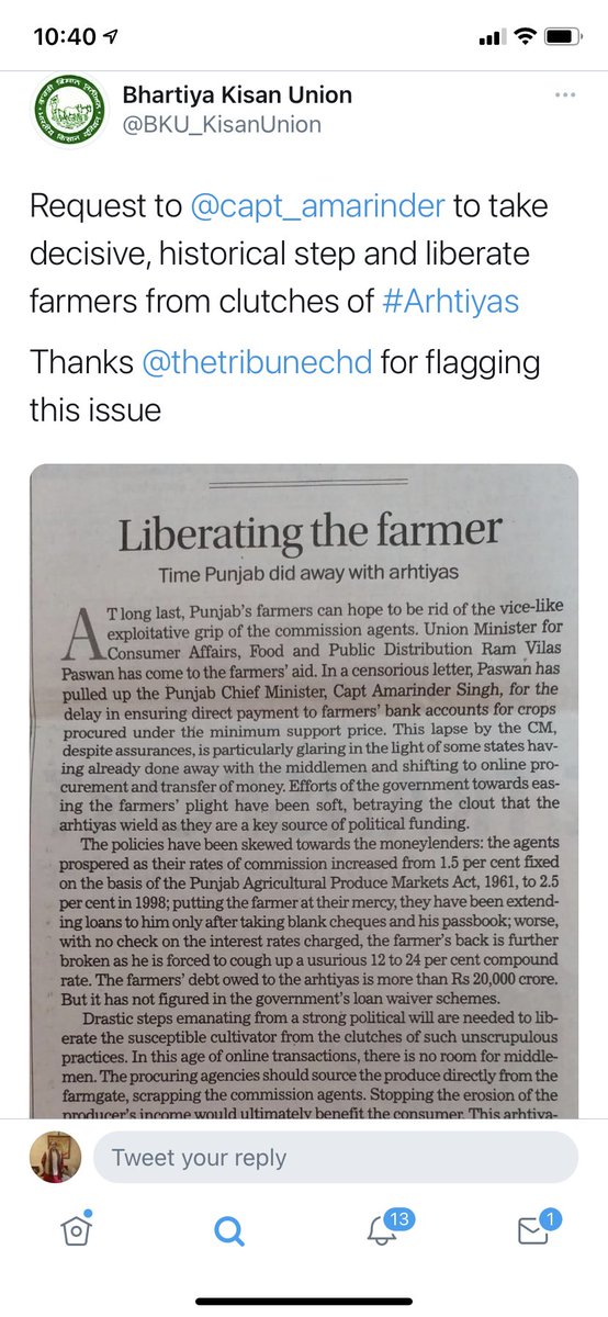 This tweet from  @NavroopSingh_ exposes the  @BKU_KisanUnion that now feels  @narendramodi farm laws are bad as it tries to end the arhatiya monopolyLast year BKU felt farmers needed to be saved from the arhatiyas  @Ajayvirjakhar Does hypocrisy know no bounds?
