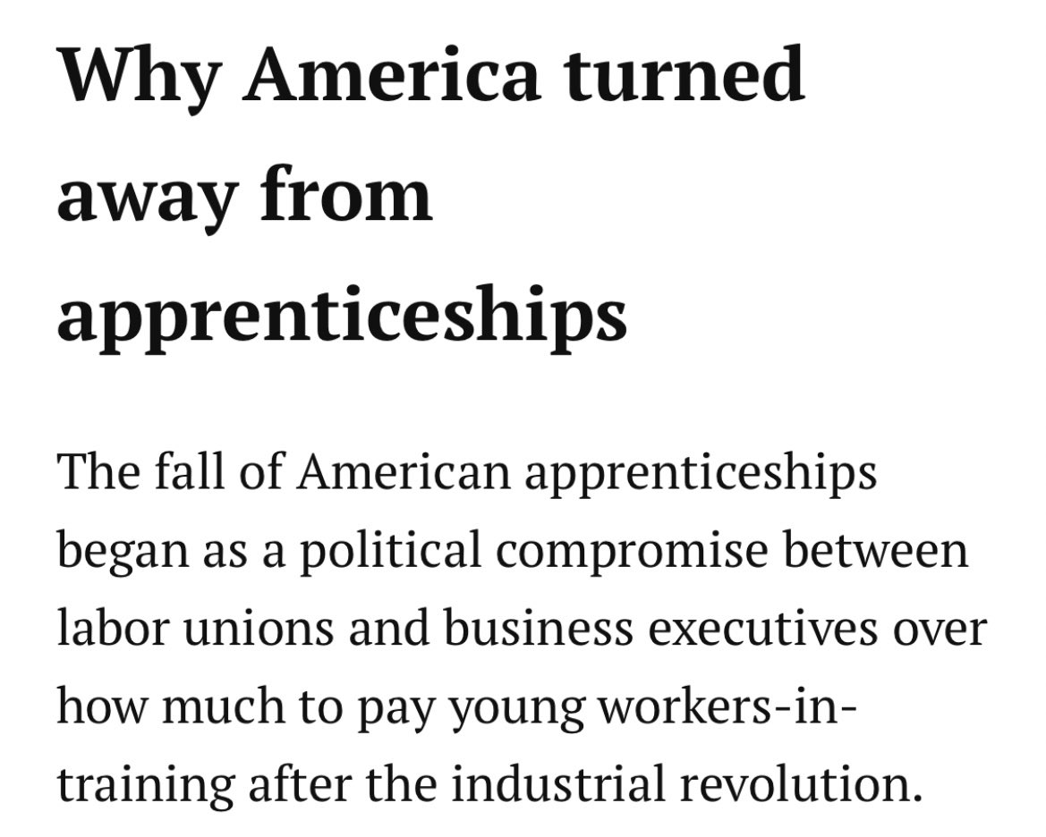 A short history or job training in the United States:We used to have apprenticeships for most every trade, but after the industrial revolution unions and business leaders made a kind of compromise. Result:Eliminate apprenticeships and put vocational training in High Schools.
