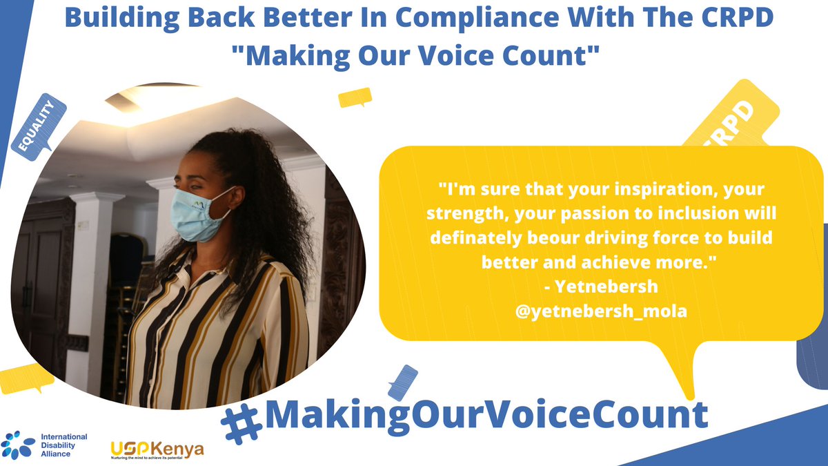 uspkenya's tweet photo. "I'm sure that your inspiration, your strength, your passion for inclusion will definitely be our driving force to build better and achieve more."
- Yetnebersh
@yetnebersh_mola @IDA_CRPD_Forum #MakingOurVoiceCount #crpd #disabilityrights #IDPD2020 https://t.co/xdxq5AJC1p
