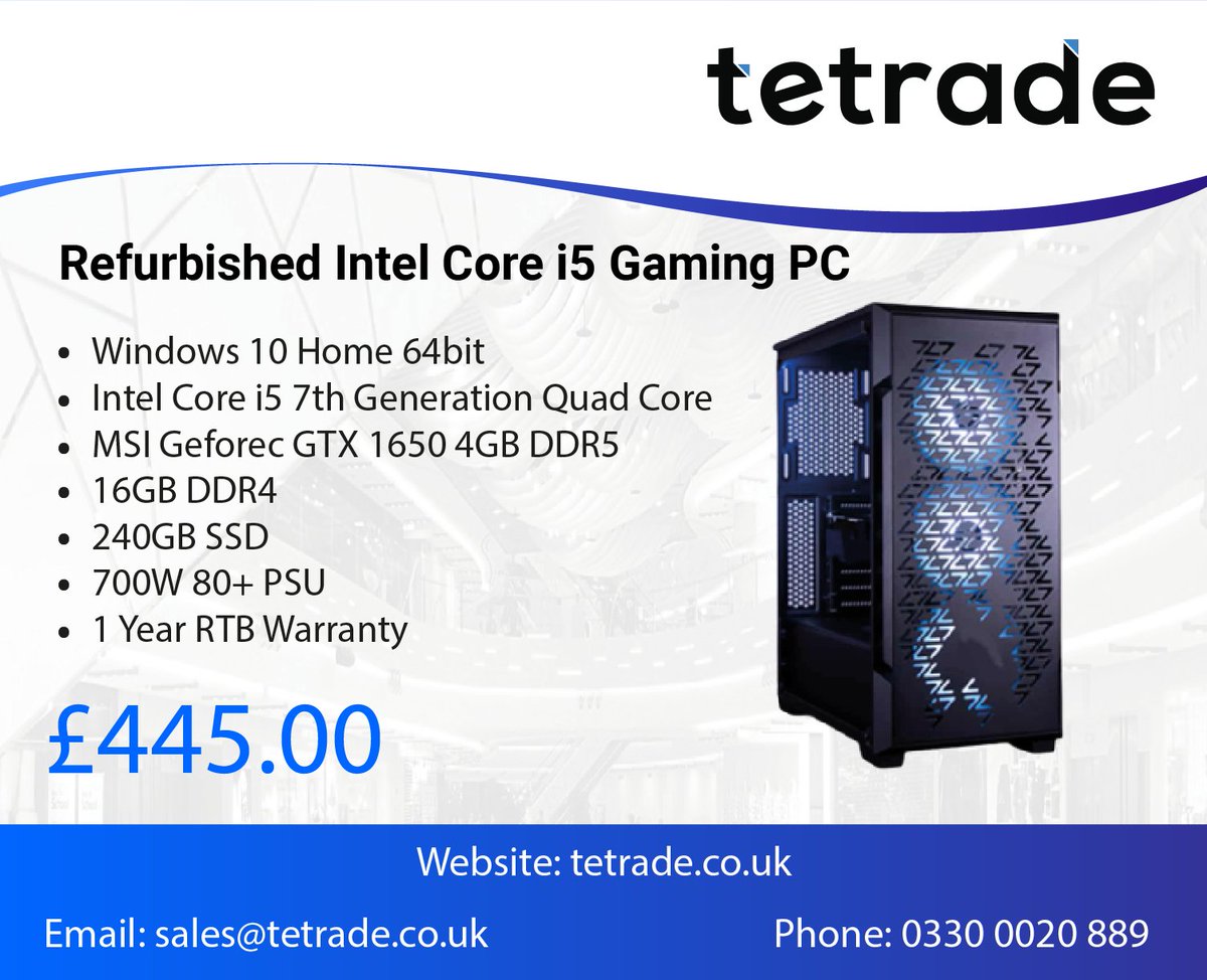 tetradeIT's tweet photo. Check out our Refurbished Intel Core i5 Gaming PC
✔ Intel Core i5 7th Generational Quad Core
✔ 240GB SSD
✔ Great value for money
Take a look here: https://t.co/shZ7JLZbqx
#Tetrade #NybbleIT #Gaming #pcgaming https://t.co/kuEPHIHQ88
