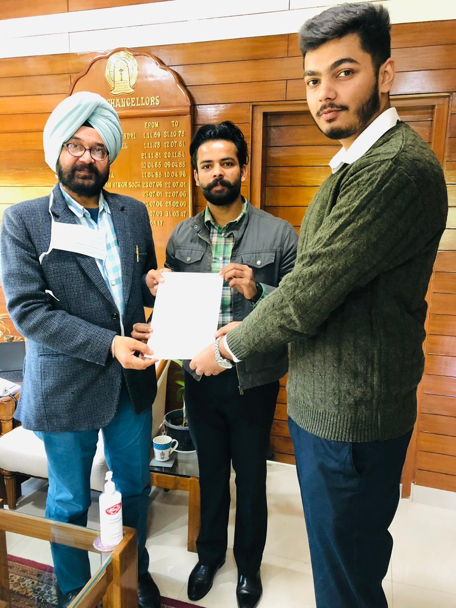 Puneetsandhu075's tweet photo. Today our NSUI team submitted Memorandum to the Vice Chancellor of GNDU Amritsar to postpone odd semester exams which is going to be held on 14 Dec 2020 &amp; VC assured that the examinations shall be held in the month of January upto 27 January for the betterment of all students. https://t.co/kIToTQuSt6