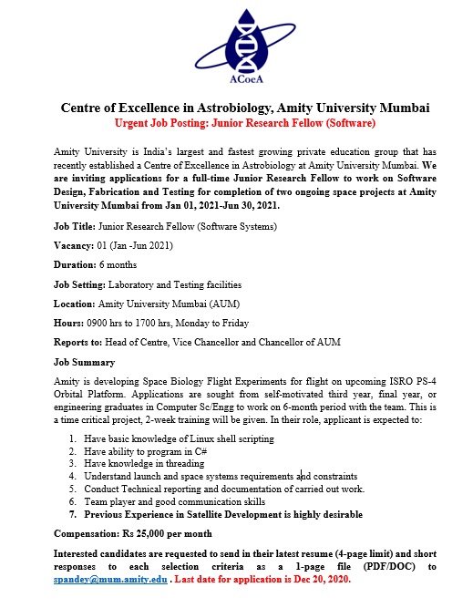 AmityAstrobio's tweet photo. #hiring Would you like to help build @AmityUni Space biology experiments for @isro? 3 open JRF positions in hardware, software and biotech field, apply by Dec 20! Please RT https://t.co/anIYBOHs7U @BlueMarbleSpace @AmityUniMumbai https://t.co/mZ6FTth9o0