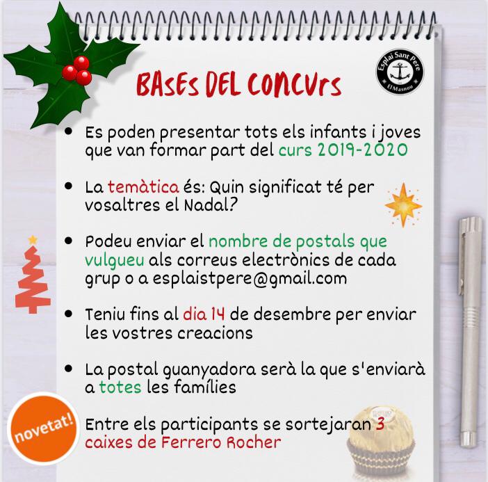 esplaistpere's tweet photo. ⚠️ATENCIÓ⚠️ Les festes ja arriben i amb elles el V Concurs de Postals de Nadal de l’Esplai Sant Pere!!🥳🎄

Si hi voleu participar només heu de mirar les bases a la segona pàgina de la publicació👆🏼. https://t.co/siUsdL7qyB