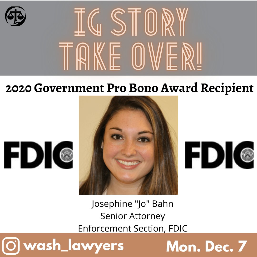 WashLawyers's tweet photo. TUNE IN TODAY! @FDICgov will be taking over our IG stories to share information about their pro bono efforts and this year’s Government Pro Bono Award Recipient, Jo Bahn! Tune in for this unique opportunity to learn about gov. pro bono work from an agency. #igtakeover #awards20 https://t.co/YkSIoUkrzK