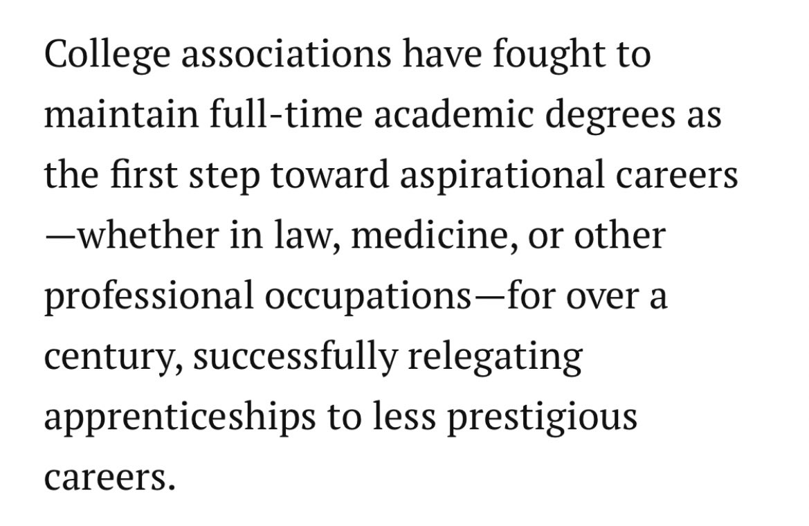 When vocational training in high schools generally failed, instead of dividing the university system and vocational in two, colleges and universities flexed their political muscle to effectively push vocational training for white collar jobs to *after* the university by law.