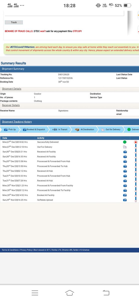 MacaroniModels's tweet photo. @DTDCIndia very unprofessional behavior
My parcel has arrived at my city on 6th Dec, today I checked status which said out for delivery . still I haven't received  parcel but now the status is  successfully delivered.(awb no.D80120620)
By the way its regular with this branch . https://t.co/LPuu4VMrsE