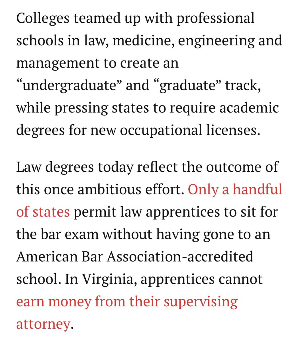 The same system exists widely today, in what we know as the “undergraduate” and “graduate” tracks.In most industries it’s so wound into licensing and accreditation that students are looking at 6-8 years of college as the only way to get the 1-3 years of necessary job training.