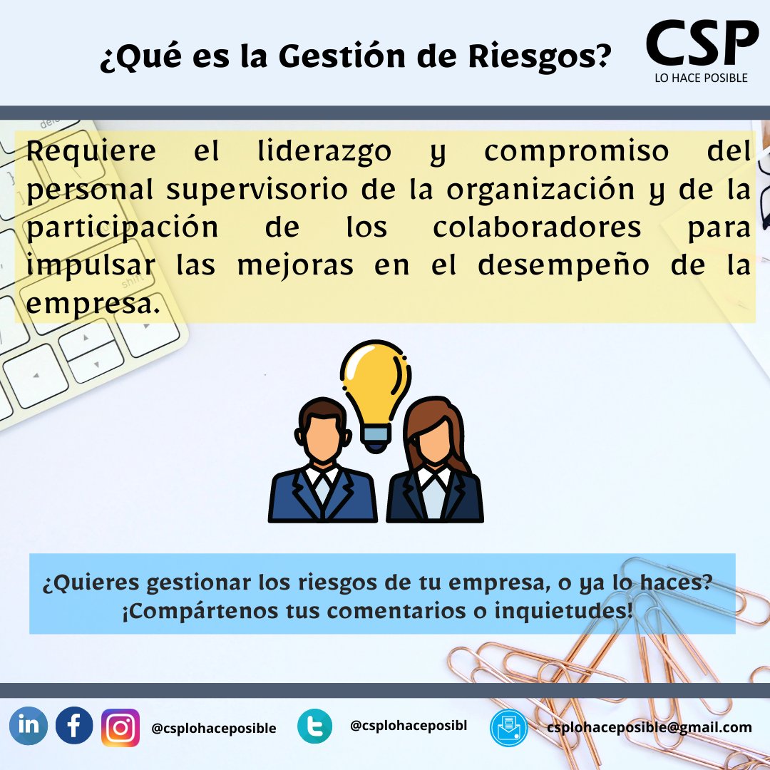 csplohaceposibl's tweet photo. Gestionar los riesgos de una organización es una herramienta fundamental que contribuye al cumplimiento de los objetivos empresariales. Por eso te recomendamos aplicarlo y disfrutar de sus múltiples beneficios.
#Gestionderiesgos
#Sistemadegestion
#CSPLoHacePosible
#CSP2020 https://t.co/TAJbd7lqmt