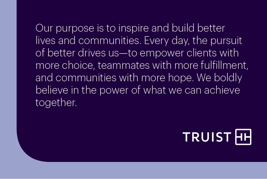Truist's tweet photo. One year ago today, @BBT &amp; @SunTrust formed Truist with a shared purpose, to inspire &amp; build better lives &amp; communities. Read how we’re celebrating the hard work of our teammates &amp; living our purpose in our Charlotte, Atlanta &amp; Winston-Salem communities: https://t.co/SHsrf9oUgx https://t.co/cdikumKCkv