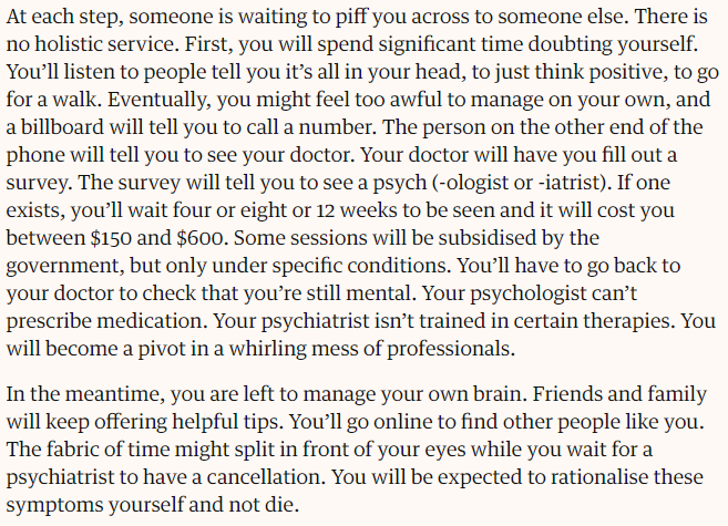 bodnotbod's tweet photo. This is about finding mental healthcare in the US. But it's pretty much the same here except you can choose whether or not money is involved. Of course, if you don't have the choice of involving money cos you got no money, then you do not choose you abide.[Guardian - Spargo-Ryan] https://t.co/y27gM2EZWv
