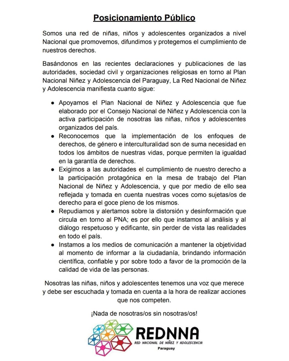 📣 Como REDNNA nos posicionamos en torno al Plan Nacional de Niñez y Adolescencia