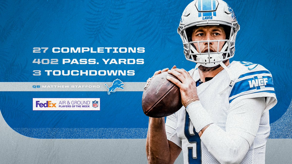 Lions's tweet photo. 🏈 402yds
🏈 3 TD
🏈 109.4 rating

Matthew Stafford is up for @FedEx Air Player of the Week❗️ 

🗳 https://t.co/QMeNCMIa8g https://t.co/bPDFk9np8R